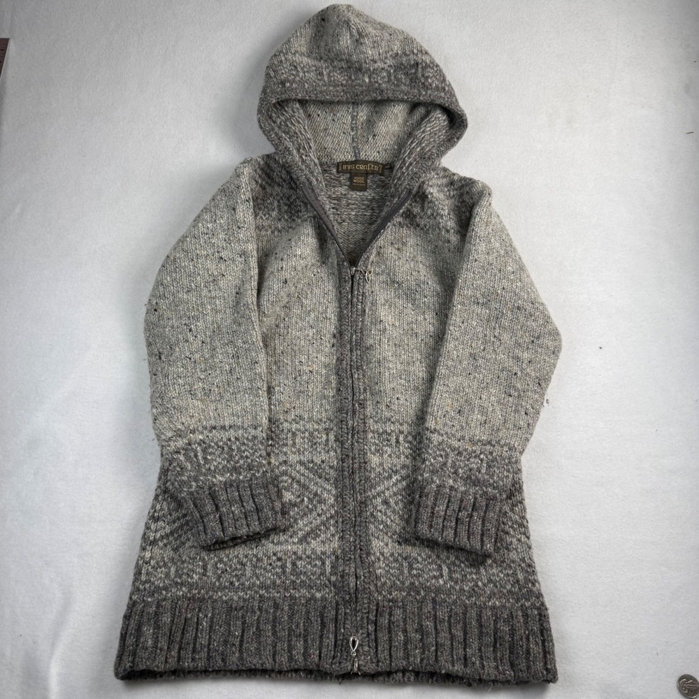 Inis Crafts Mens M Wool Hooded Cardigan Sweater Grey Fair Isle Made in Ireland L